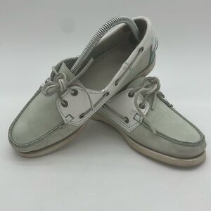 Sebago Dockside's White and Teal Flats with Classic Boat Style Womens Size 9.5